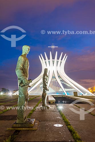  Os Evangelistas (The Evangelists) sculptures with the Metropolitan Cathedral of Our Lady of Aparecida (1958) - also known as Cathedral of Brasilia - at night  - Brasilia city - Distrito Federal (Federal District) (DF) - Brazil