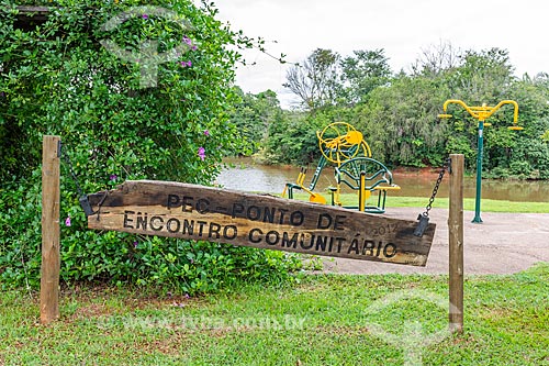  Plaque that say: Community Gathering Point - Outdoor gym - City Park Mrs. Sarah Kubitschek - also known as City Park  - Brasilia city - Distrito Federal (Federal District) (DF) - Brazil
