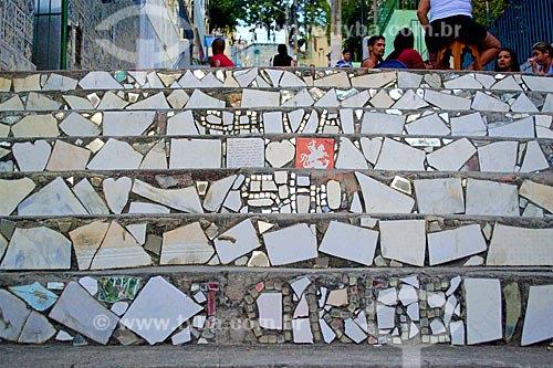  Detail of tile with the drawing of Saint George - staircase on Mem de Sa Avenue  - Rio de Janeiro city - Rio de Janeiro state (RJ) - Brazil