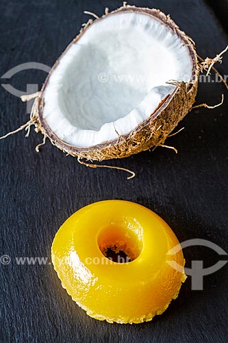  Detail of coconut cut in half and quindim  - Santa Catarina state (SC) - Brazil