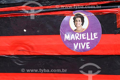  Detail of sticker that says: Marielle lives - in honor to councilwoman Marielle Franco shot dead on March 14, 2018  - Rio de Janeiro city - Rio de Janeiro state (RJ) - Brazil