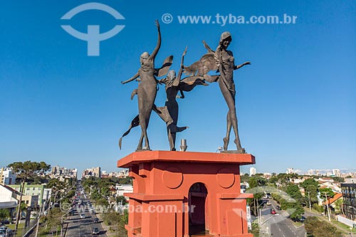  Picture taken with drone of the bronze angels - representing Christianity, Islam and Judaism - Jerusalem Fountain  - Curitiba city - Parana state (PR) - Brazil