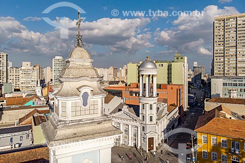  Picture taken with drone of belfry of the Our Lady of Rosario de Sao Benedito Church (1946) with the Independent Presbyterian Church of Curitiba in the background  - Curitiba city - Parana state (PR) - Brazil
