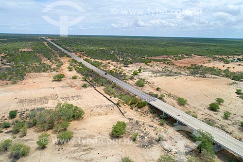  Picture taken with drone of the bridge over dry river - BR-428 highway  - Cabrobo city - Pernambuco state (PE) - Brazil