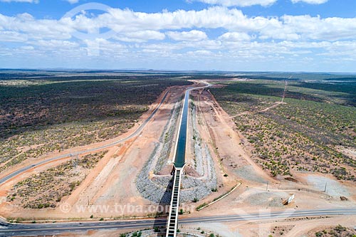  Picture taken with drone of the aqueduct - channel of the Project of Integration of Sao Francisco River with the watersheds of Northeast setentrional over the BR-316 highway - east axis  - Floresta city - Pernambuco state (PE) - Brazil