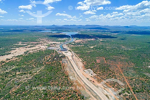  Picture taken with drone of channel of the Project of Integration of Sao Francisco River with the watersheds of Northeast setentrional - north axis - near to Pumping Station EBI2 - with the Terra Nova Dam in the background  - Salgueiro city - Pernambuco state (PE) - Brazil
