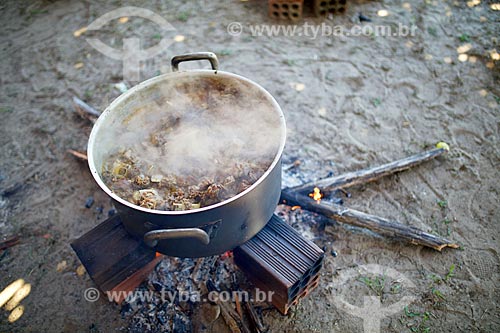  Pan with goat meat in sauce - wood stove - during the cultural manifestation known as ox handle in the bush  - Demerval Lobao city - Piaui state (PI) - Brazil