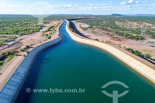 Picture taken with drone of UBI 1 reservoir of the Project of Integration of Sao Francisco River with the watersheds of Northeast setentrional - east axis  - Cabrobo city - Pernambuco state (PE) - Brazil