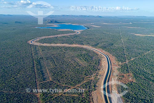  Picture taken with drone of channel of the Project of Integration of Sao Francisco River with the watersheds of Northeast setentrional - north axis - with the Tucutu Dam in the background  - Cabrobo city - Pernambuco state (PE) - Brazil