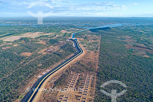  Picture taken with drone of channel of the Project of Integration of Sao Francisco River with the watersheds of Northeast setentrional - north axis - with the Tucutu Dam in the background  - Cabrobo city - Pernambuco state (PE) - Brazil