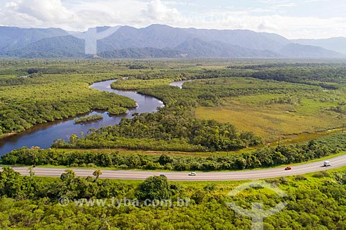  Picture taken with drone of the Doutor Manuel Hipolito Rego Highway (SP-055) with the Itaguare River - Bertiogas Restinga State Park  - Bertioga city - Sao Paulo state (SP) - Brazil
