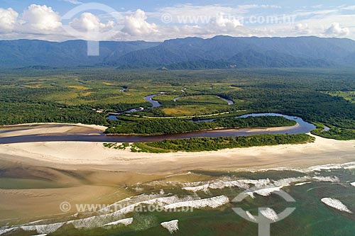  Picture taken with drone of the mouth of Itaguare River - Itaguare Beach  - Bertioga city - Sao Paulo state (SP) - Brazil