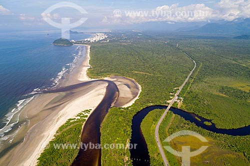  Picture taken with drone of the mouth of Itaguare River - Itaguare Beach  - Bertioga city - Sao Paulo state (SP) - Brazil