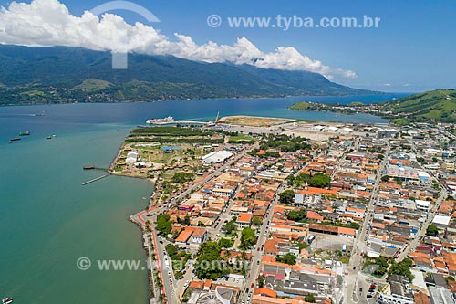  Picture taken with drone of the historic center with the Sao Sebastiao Port and Ilhabela in the background  - Sao Sebastiao city - Sao Paulo state (SP) - Brazil