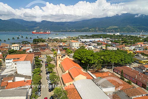  Picture taken with drone of the Matriz Church of Saint Sebastian (1609) with the Sao Sebastiao Port and Ilhabela in the background  - Sao Sebastiao city - Sao Paulo state (SP) - Brazil