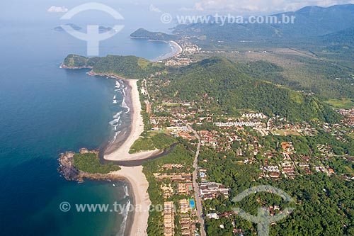  Picture taken with drone of the Camburi Beach - above - and the Camburizinho Beach - below - with the Baleia Beach in the background  - Sao Sebastiao city - Sao Paulo state (SP) - Brazil