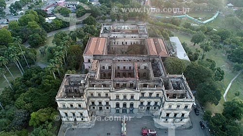  Picture taken with drone of the National Museum - old Sao Cristovao Palace - after the fire that destroyed the collection with more than 20 million items  - Rio de Janeiro city - Rio de Janeiro state (RJ) - Brazil
