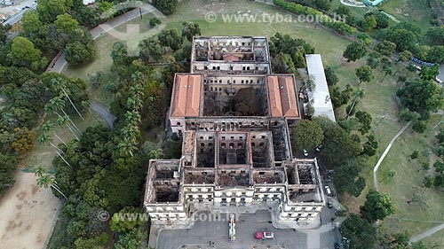  Picture taken with drone of the National Museum - old Sao Cristovao Palace - after the fire that destroyed the collection with more than 20 million items  - Rio de Janeiro city - Rio de Janeiro state (RJ) - Brazil