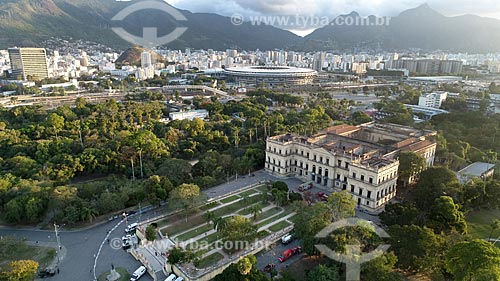  Picture taken with drone of the National Museum - old Sao Cristovao Palace - after the fire that destroyed the collection with more than 20 million items with the Journalist Mario Filho Stadium in the background  - Rio de Janeiro city - Rio de Janeiro state (RJ) - Brazil