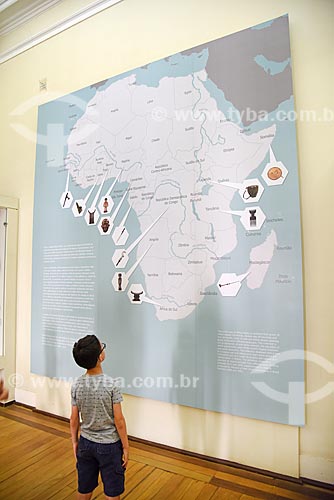  Boy observing exhibition Africa - past and present - on exhibit - National Museum - old Sao Cristovao Palace  - Rio de Janeiro city - Rio de Janeiro state (RJ) - Brazil