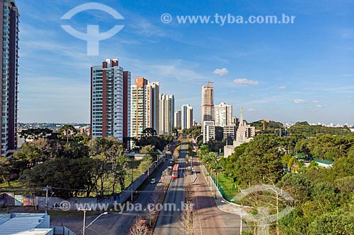  Picture taken with drone of the bus of Integrated Collective Transport Network (RIT) - Heitor Alencar Furtado Street  - Curitiba city - Parana state (PR) - Brazil