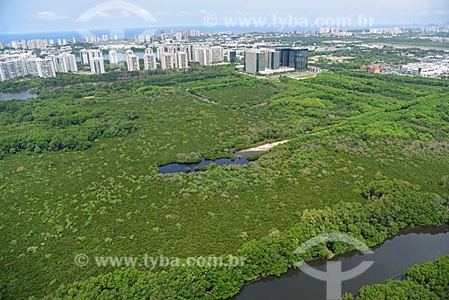 Aerial photo of the mangroves area with building in the background  - Rio de Janeiro city - Rio de Janeiro state (RJ) - Brazil