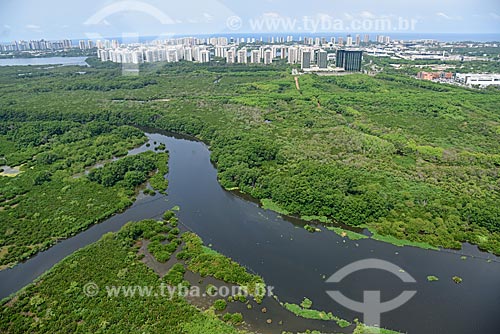  Aerial photo of the mangroves area with building in the background  - Rio de Janeiro city - Rio de Janeiro state (RJ) - Brazil