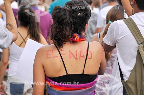  Detail of protester during the demonstration #EleNao (#HimNo) against the candidate for the presidency Jair Bolsonaro  - Sao Jose do Rio Preto city - Sao Paulo state (SP) - Brazil