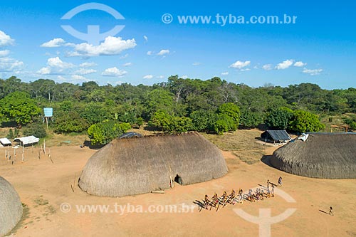  Picture taken with drone of the Taquara Dance - men in line playing the Urua flute with the women next to - Aiha village of the Kalapalo tribe - INCREASE OF 100% OF THE VALUE OF TABLE  - Querencia city - Mato Grosso state (MT) - Brazil