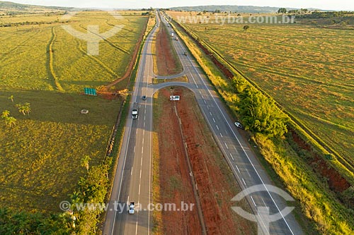  Picture taken with drone of the Transbrasiliana Highway (BR-153) - also known as Belem-Brasilia Highway and Bernardo Sayao Highway  - Hidrolandia city - Goias state (GO) - Brazil