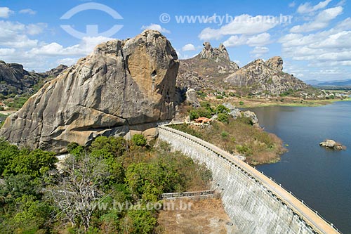  Picture taken with drone of the Cedar Dam with the Stone of Galinha Choca in the background  - Quixada city - Ceara state (CE) - Brazil