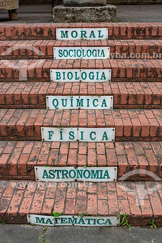  Detail of steps of Positivist Church of Brazil (1897) - also known as Temple of Humanity - that say: Mathematics, Astronomy, Physics, Chemistry, Biology, Sociology and Morals (7 sciences classified as Second Philosophy)  - Rio de Janeiro city - Rio de Janeiro state (RJ) - Brazil