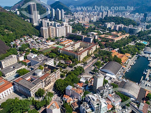  Picture taken with drone of the Urca neighborhood with the Earth Sciences Museum (Museu de Ciencias da Terra) and Benjamin Constant Institute - to the left - and the Rio de Janeiro Yacht Club - to the right  - Rio de Janeiro city - Rio de Janeiro state (RJ) - Brazil