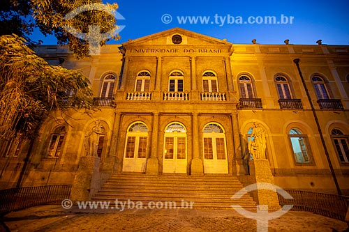  Facade of building of Praia Vermelha Campus of the Federal University of Rio de Janeiro - old University of Brazil - with the Statue of Science - to the left - and the Statue of Charity - to the right - during the nightfall  - Rio de Janeiro city - Rio de Janeiro state (RJ) - Brazil