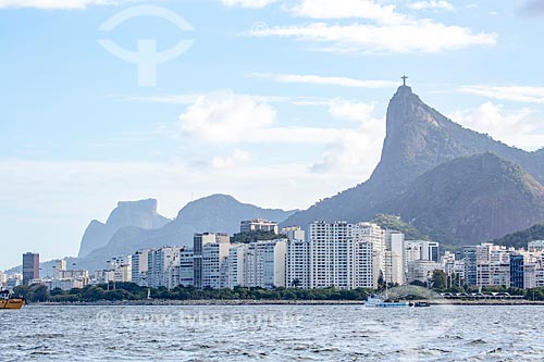  View of Flamengo neighborhood waterfront from Guanabara Bay with the Rock of Gavea - to the left - and the Christ the Redeemer - to the right  - Rio de Janeiro city - Rio de Janeiro state (RJ) - Brazil
