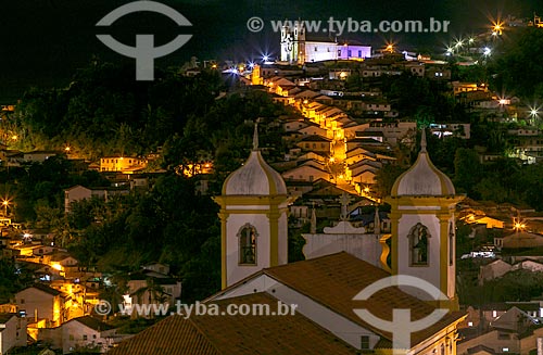  View of belfry of the Matriz Church of Our Lady of the Conception (1770) with the Matriz Church of Saint Ephigenia (1785) in the background  - Ouro Preto city - Minas Gerais state (MG) - Brazil