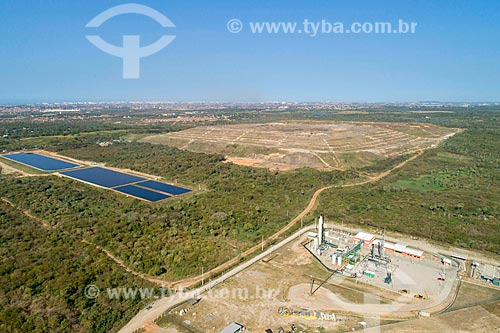  Picture taken with drone of the biogas plant of Metropolitan Landfill West of Caucaia (ASMOC) with slurry tank to the left  - Caucaia city - Ceara state (CE) - Brazil