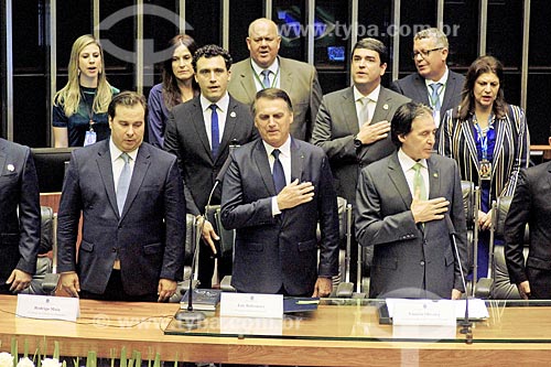  President Jair Bolsonaro during the execution of the national anthem - Chamber of Deputies plenary during presidential inauguration ceremony  - Brasilia city - Distrito Federal (Federal District) (DF) - Brazil