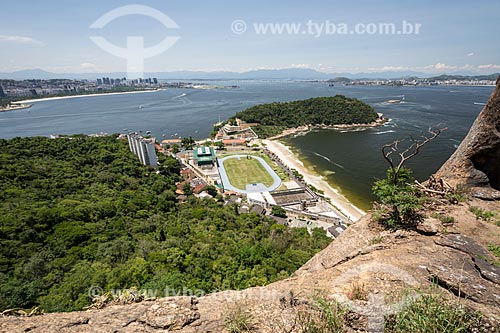  View of School of Physical Education of the Army (EsEFEX) and the Sao Joao Fortress (1565) from the ibis of the Sugarloaf - hollow of the Sugar Loaf stone forming the silhouette of a bird  - Rio de Janeiro city - Rio de Janeiro state (RJ) - Brazil