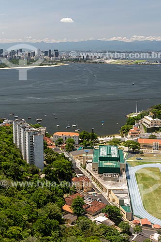  View of School of Physical Education of the Army (EsEFEX) from the ibis of the Sugarloaf - hollow of the Sugar Loaf stone forming the silhouette of a bird  - Rio de Janeiro city - Rio de Janeiro state (RJ) - Brazil