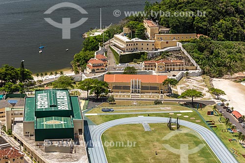  View of School of Physical Education of the Army (EsEFEX) and the Sao Joao Fortress (1565) from the ibis of the Sugarloaf - hollow of the Sugar Loaf stone forming the silhouette of a bird  - Rio de Janeiro city - Rio de Janeiro state (RJ) - Brazil
