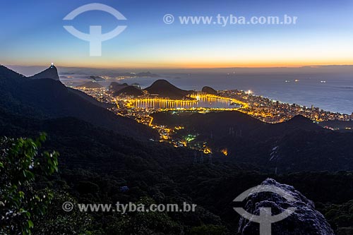  View of Christ the Redeemer - to the left - with Rodrigo de Freitas Lagoon from the Rock of Proa (Rock of Prow) during the dawn  - Rio de Janeiro city - Rio de Janeiro state (RJ) - Brazil