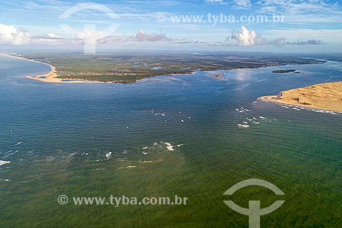  Picture taken with drone of the mouth of Sao Francisco River - Peba Cape with Piacabucu APA to the right - boundary between Sergipe and Alagoas states  - Brejo Grande city - Sergipe state (SE) - Brazil