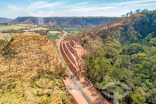  Picture taken with drone of duplication construction site of the Araraquara Railway - Jaboticabal Mountain Range  - Taquaritinga city - Sao Paulo state (SP) - Brazil