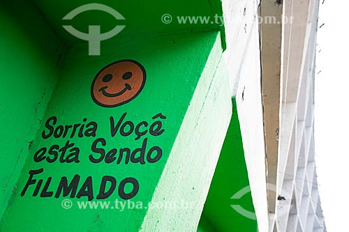  Detail of device that says: Smile you are being filmed - Luiz Gonzaga Northeast Traditions Centre  - Rio de Janeiro city - Rio de Janeiro state (RJ) - Brazil