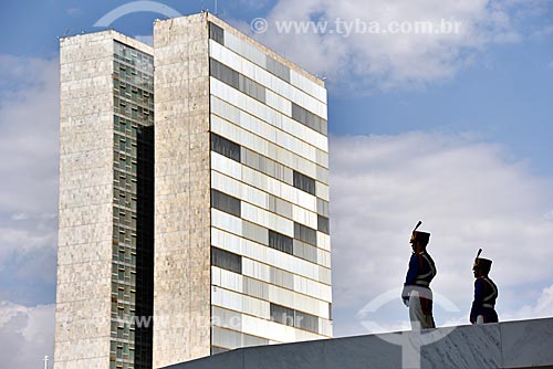  Soldiers of 1st Regiment of Cavalry Guards - ramp of Palacio do Planalto (Planalto Palace) - headquarters of government of Brazil - with annex buildings of National Congress in the background  - Brasilia city - Distrito Federal (Federal District) (DF) - Brazil