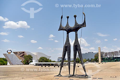  Sculpture Os Guerreiros (The Warriors) - also known as Os Candangos - with the Pantheon of the Fatherland and Liberty Tancredo Neves in the background  - Brasilia city - Distrito Federal (Federal District) (DF) - Brazil
