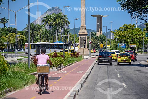  Cyclist in bike lane of Rio Branco Avenue with the sugarloaf, obelisk of Rio Branco Avenue and the Monument to the dead of World War II in the background  - Rio de Janeiro city - Rio de Janeiro state (RJ) - Brazil