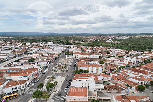  Picture taken with drone of the Francisco Sa Square - also known as Cristo Rei Square (Christ the King Square) - with the Saint Anne Church (1808) in the background  - Currais Novos city - Rio Grande do Norte state (RN) - Brazil