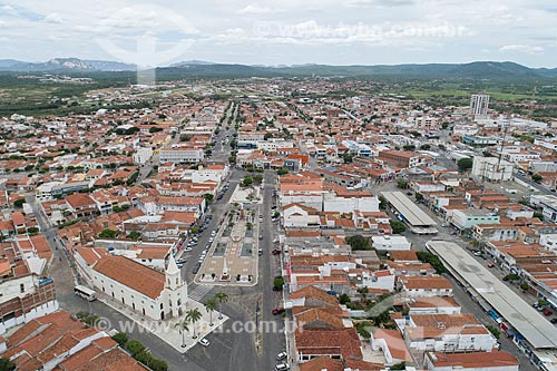  Picture taken with drone of the Saint Anne Church (1808) and Francisco Sa Square - also known as Cristo Rei Square (Christ the King Square)  - Currais Novos city - Rio Grande do Norte state (RN) - Brazil